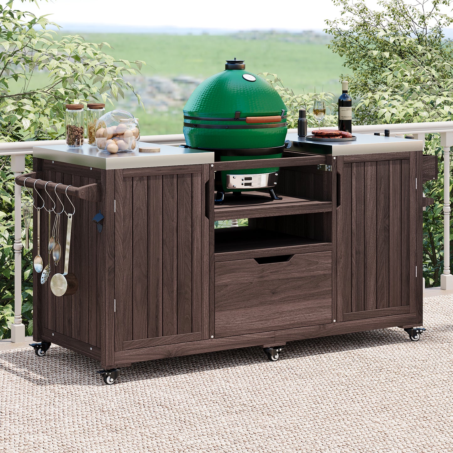 66.5" Outdoor Kitchen Island for Big Green Egg Grills, Solid Wood Outdoor Grill Cart for Tabletop Grill with Stainless Steel Top, Drawer, Compatible with Large Big Green Egg, Kamado Joe-Dark Brown