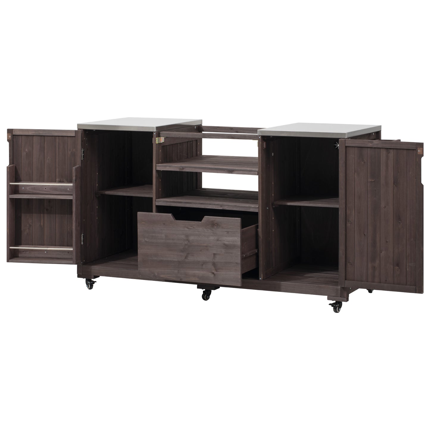 66.5" Outdoor Kitchen Island for Big Green Egg Grills, Solid Wood Outdoor Grill Cart for Tabletop Grill with Stainless Steel Top, Drawer, Compatible with Large Big Green Egg, Kamado Joe-Dark Brown