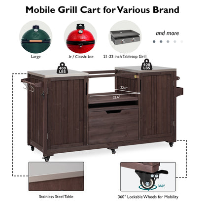 66.5" Outdoor Kitchen Island for Big Green Egg Grills, Solid Wood Outdoor Grill Cart for Tabletop Grill with Stainless Steel Top, Drawer, Compatible with Large Big Green Egg, Kamado Joe-Dark Brown