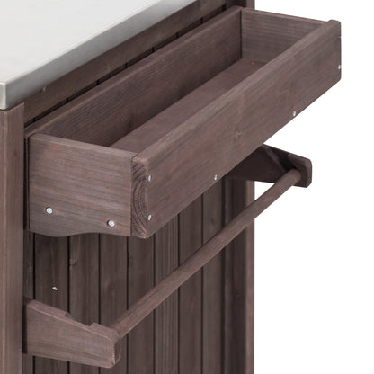 66.5" Outdoor Kitchen Island for Big Green Egg Grills, Solid Wood Outdoor Grill Cart for Tabletop Grill with Stainless Steel Top, Drawer, Compatible with Large Big Green Egg, Kamado Joe-Dark Brown