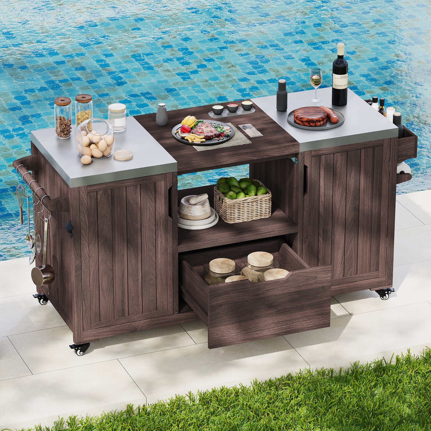 66.5" Outdoor Kitchen Island for Big Green Egg Grills, Solid Wood Outdoor Grill Cart for Tabletop Grill with Stainless Steel Top, Drawer, Compatible with Large Big Green Egg, Kamado Joe-Dark Brown