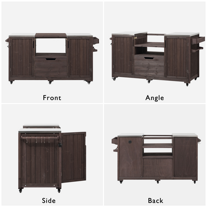 66.5" Outdoor Kitchen Island for Big Green Egg Grills, Solid Wood Outdoor Grill Cart for Tabletop Grill with Stainless Steel Top, Drawer, Compatible with Large Big Green Egg, Kamado Joe-Dark Brown