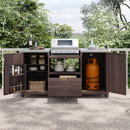 66.5" Outdoor Kitchen Island for Big Green Egg Grills, Solid Wood Outdoor Grill Cart for Tabletop Grill with Stainless Steel Top, Drawer, Compatible with Large Big Green Egg, Kamado Joe-Dark Brown