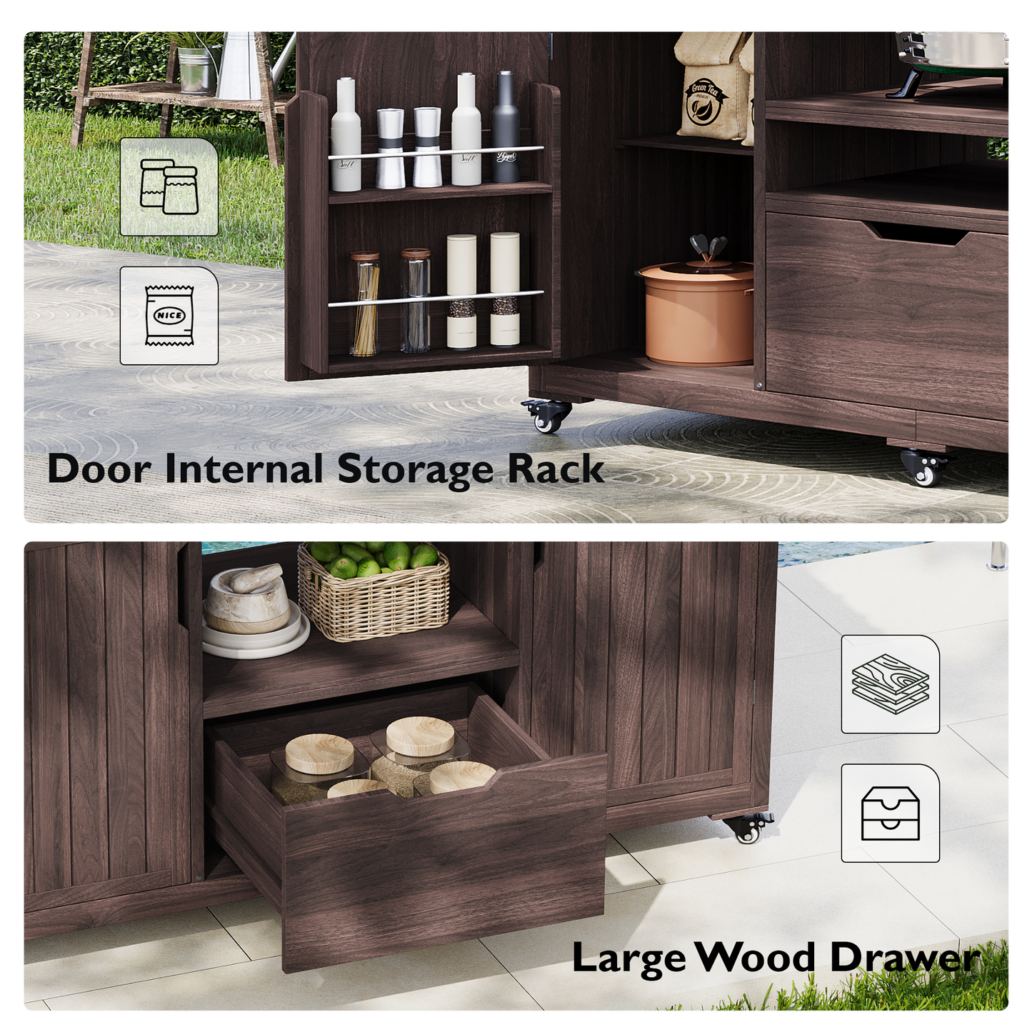 66.5" Outdoor Kitchen Island for Big Green Egg Grills, Solid Wood Outdoor Grill Cart for Tabletop Grill with Stainless Steel Top, Drawer, Compatible with Large Big Green Egg, Kamado Joe-Dark Brown