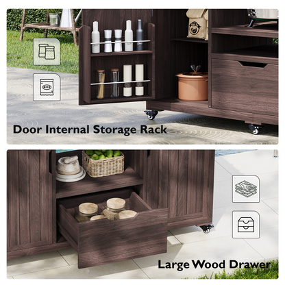 66.5" Outdoor Kitchen Island for Big Green Egg Grills, Solid Wood Outdoor Grill Cart for Tabletop Grill with Stainless Steel Top, Drawer, Compatible with Large Big Green Egg, Kamado Joe-Dark Brown