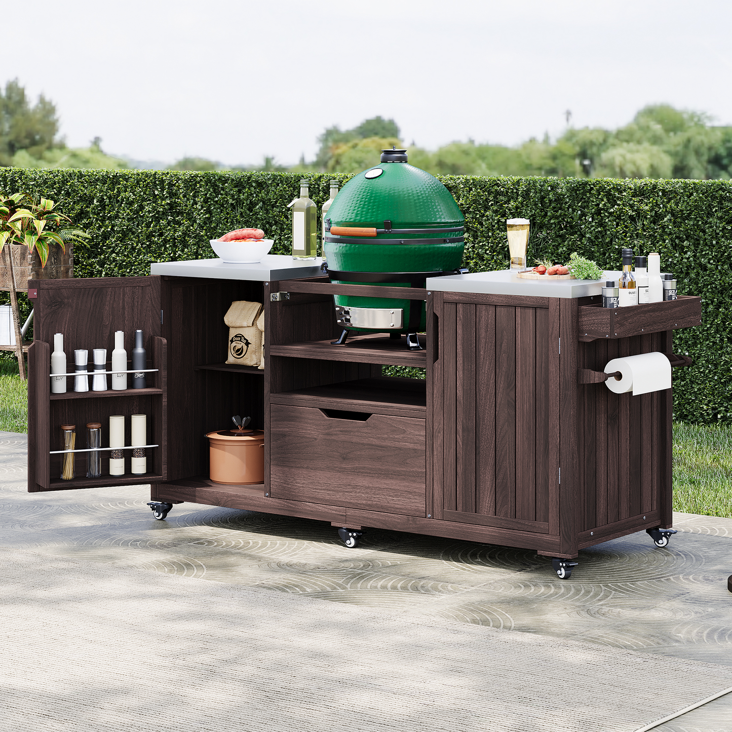 66.5" Outdoor Kitchen Island for Big Green Egg Grills, Solid Wood Outdoor Grill Cart for Tabletop Grill with Stainless Steel Top, Drawer, Compatible with Large Big Green Egg, Kamado Joe-Dark Brown