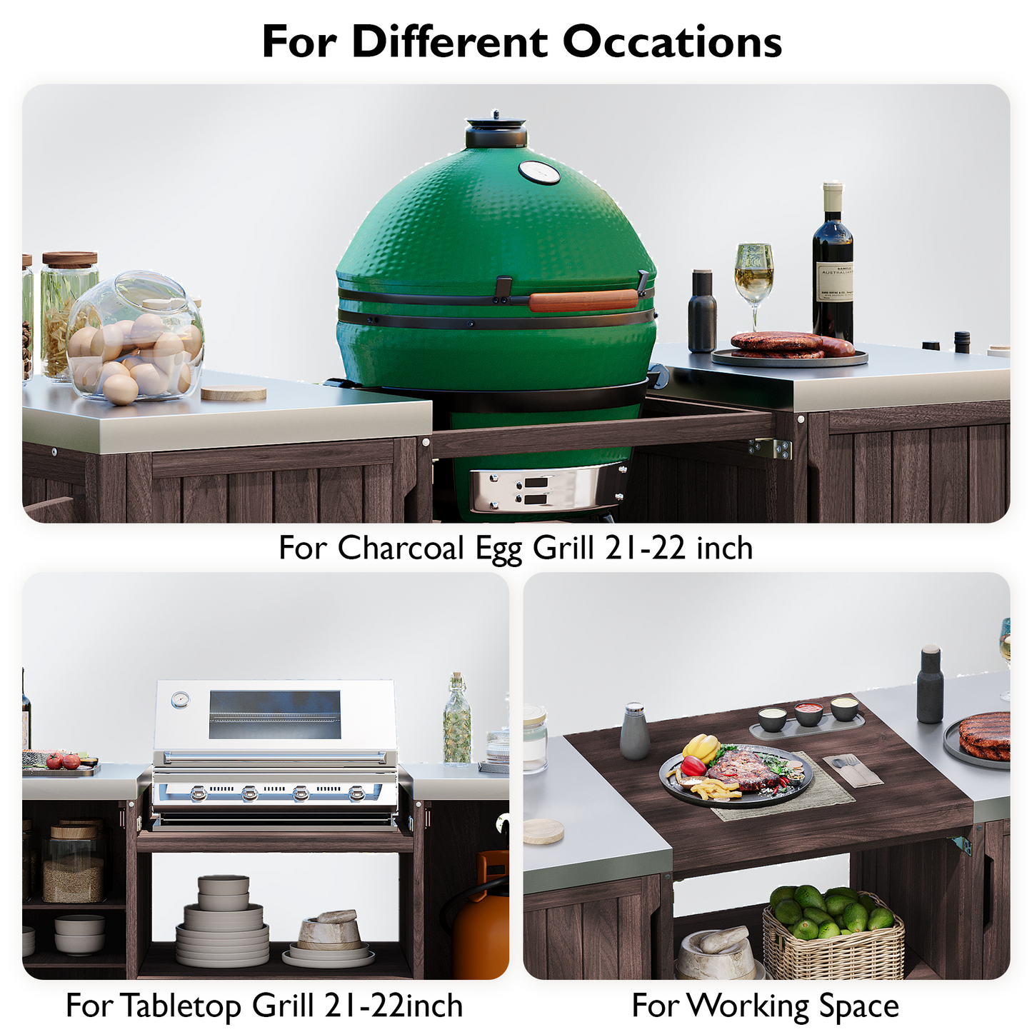 66.5" Outdoor Kitchen Island for Big Green Egg Grills, Solid Wood Outdoor Grill Cart for Tabletop Grill with Stainless Steel Top, Drawer, Compatible with Large Big Green Egg, Kamado Joe-Dark Brown