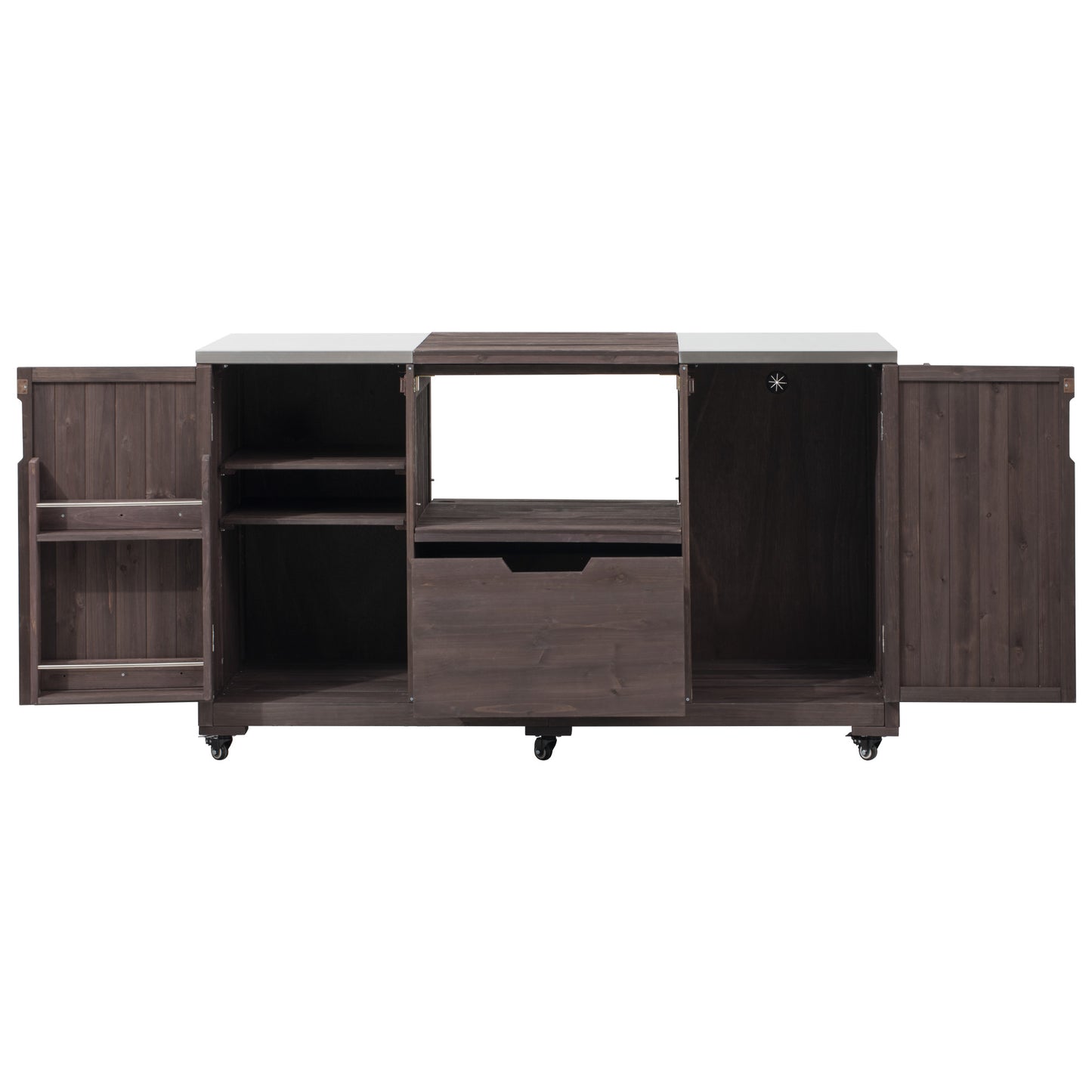 66.5" Outdoor Kitchen Island for Big Green Egg Grills, Solid Wood Outdoor Grill Cart for Tabletop Grill with Stainless Steel Top, Drawer, Compatible with Large Big Green Egg, Kamado Joe-Dark Brown