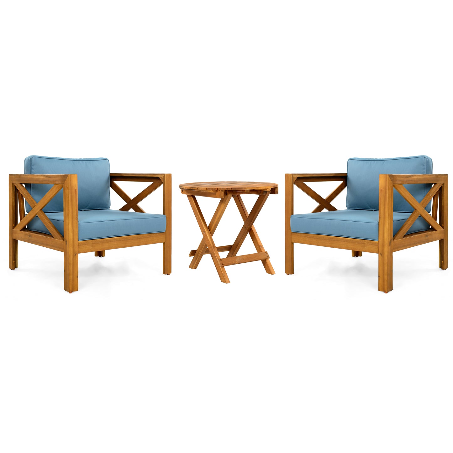 Patio Conversation Set, Outdoor Wood Conversation Seat(Set of 2),Armchair with Cushions,Foldable Acacia Wood Side Table,Teak Finish,Blue cushion
