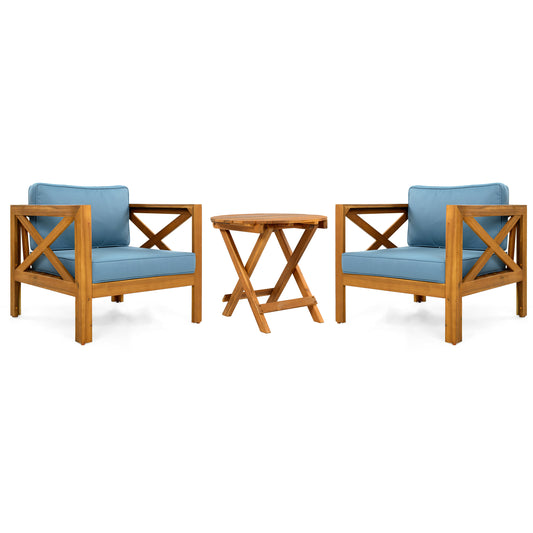 Patio Conversation Set, Outdoor Wood Conversation Seat(Set of 2),Armchair with Cushions,Foldable Acacia Wood Side Table,Teak Finish,Blue cushion