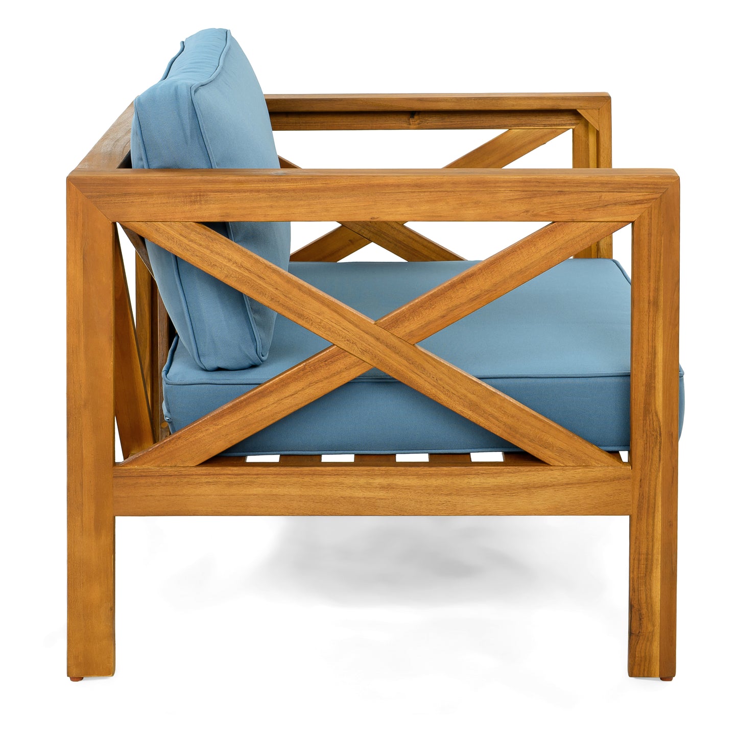 Patio Conversation Set, Outdoor Wood Conversation Seat(Set of 2),Armchair with Cushions,Foldable Acacia Wood Side Table,Teak Finish,Blue cushion