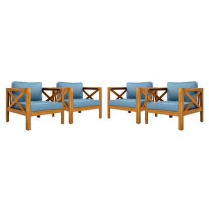 Patio Conversation Set, Outdoor Wood Conversation Seat(Set of 2),Armchair with Cushions,Foldable Acacia Wood Side Table,Teak Finish,Blue cushion