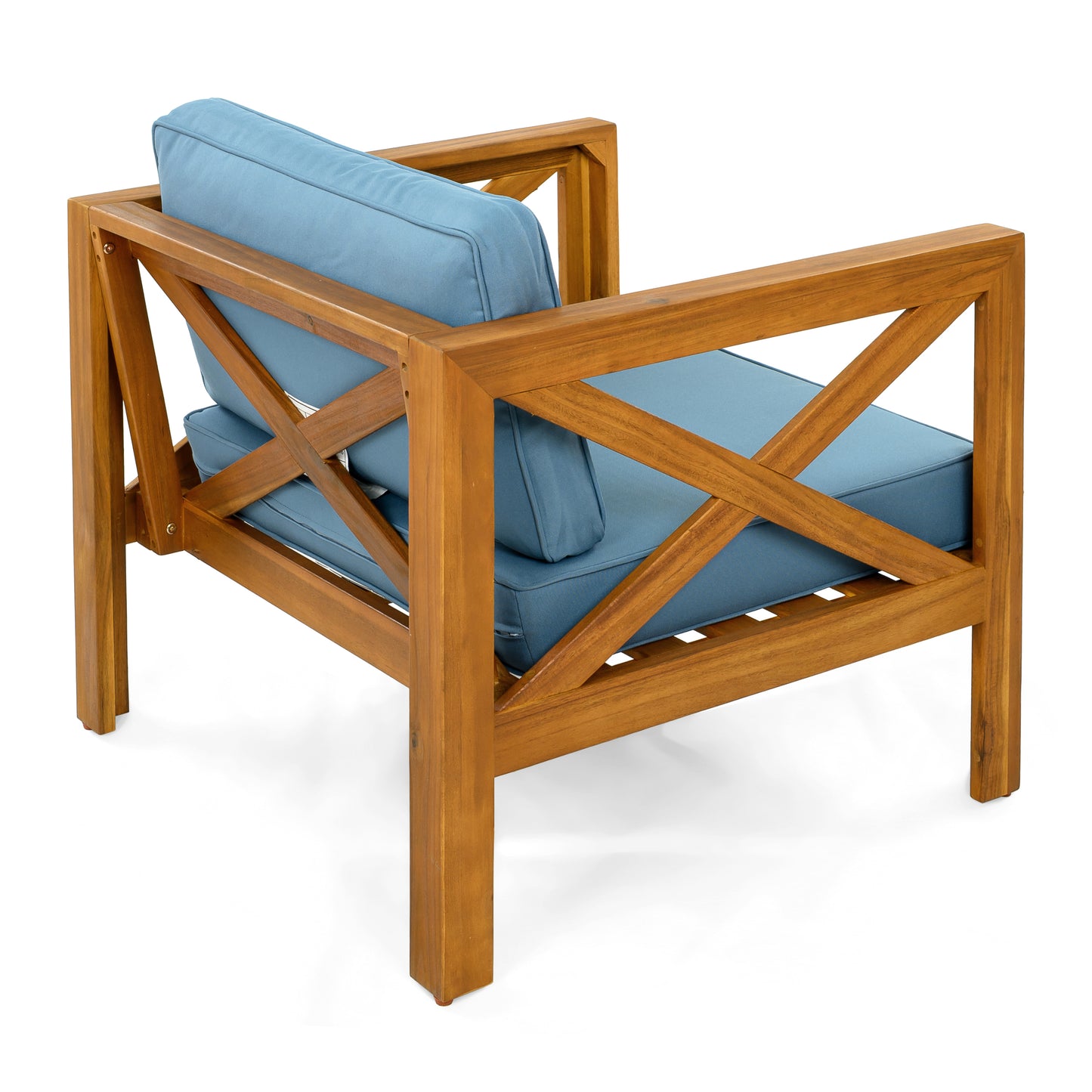 Patio Conversation Set, Outdoor Wood Conversation Seat(Set of 2),Armchair with Cushions,Foldable Acacia Wood Side Table,Teak Finish,Blue cushion