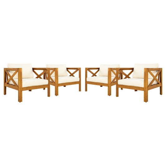 Outdoor Acacia Wood Club Wooden Armchair with Cushions (Set of 2), Conversation Set,Teak Finish,Beige Cushion