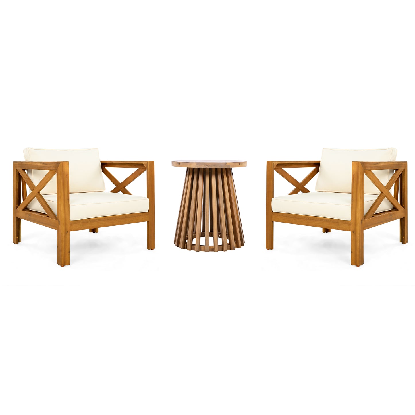 Patio Conversation Set, Outdoor Wood Leisure Seat(Set of 2),Armchair with Cushions,Acacia Wood Patio Side Table,for Backyard, Lawn, Balcony,Teak Finish,Beige cushion