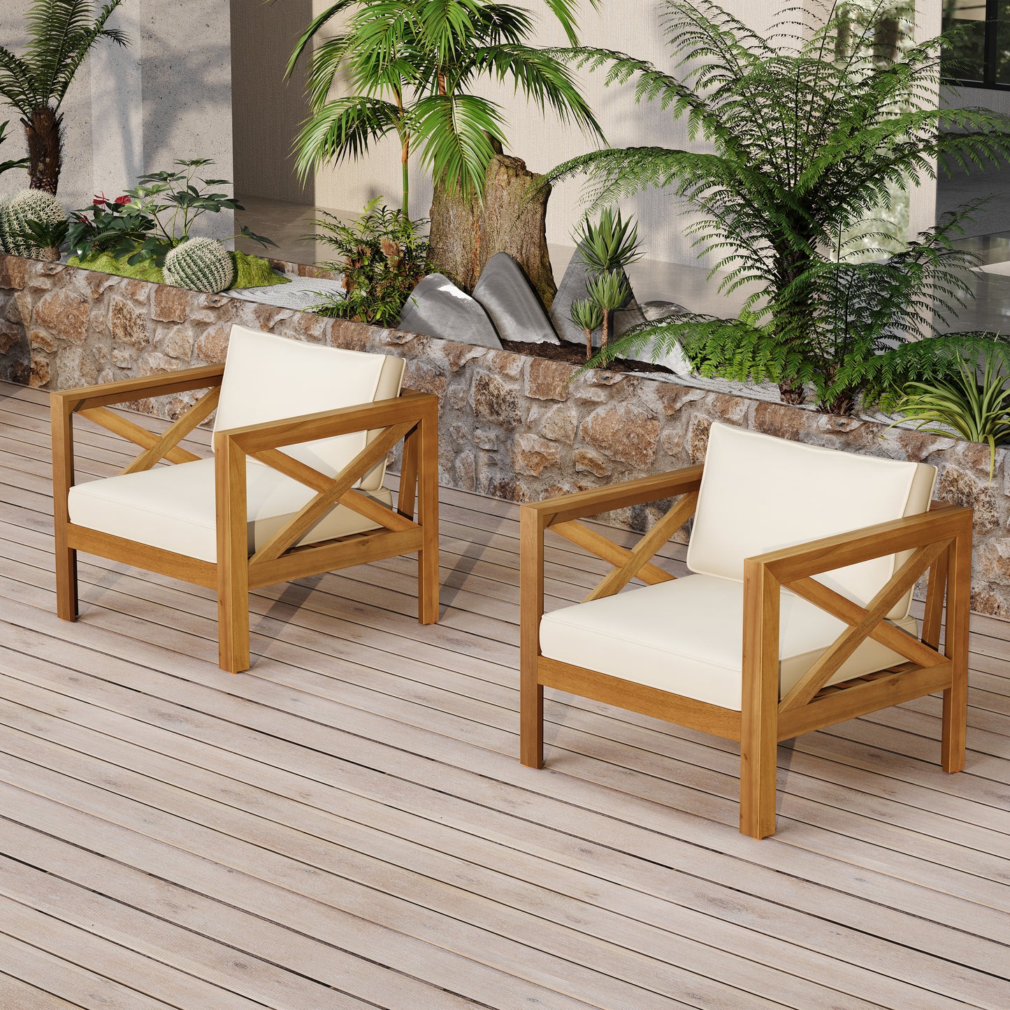 Patio Conversation Set, Outdoor Wood Leisure Seat(Set of 2),Armchair with Cushions,Acacia Wood Patio Side Table,for Backyard, Lawn, Balcony,Teak Finish,Beige cushion