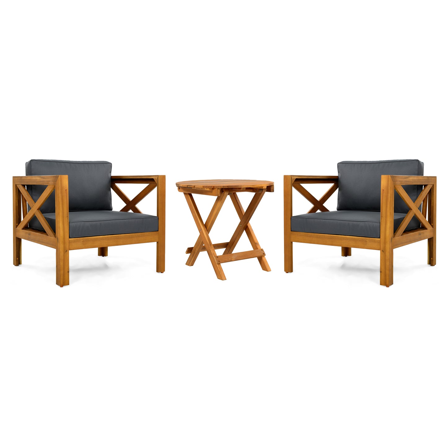 Patio Conversation Set, Outdoor Wood Conversation Seat(Set of 2),Armchair with Cushions,Foldable Acacia Wood Side Table,Teak Finish,Dark Grey cushion