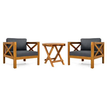 Patio Conversation Set, Outdoor Wood Conversation Seat(Set of 2),Armchair with Cushions,Foldable Acacia Wood Side Table,Teak Finish,Dark Grey cushion