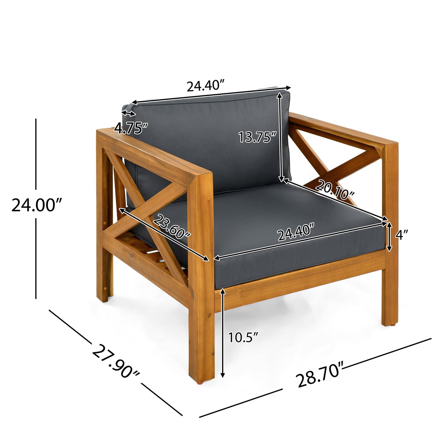 Patio Conversation Set, Outdoor Wood Conversation Seat(Set of 2),Armchair with Cushions,Foldable Acacia Wood Side Table,Teak Finish,Dark Grey cushion