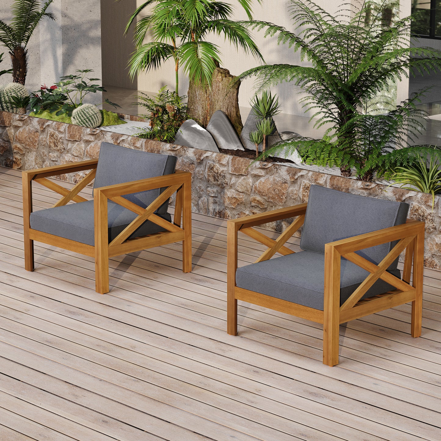 Patio Conversation Set, Outdoor Wood Leisure Seat(Set of 2),Armchair with Cushions,Acacia Wood Patio Side Table,for Backyard, Lawn, Balcony,Teak Finish,Dark Grey cushion