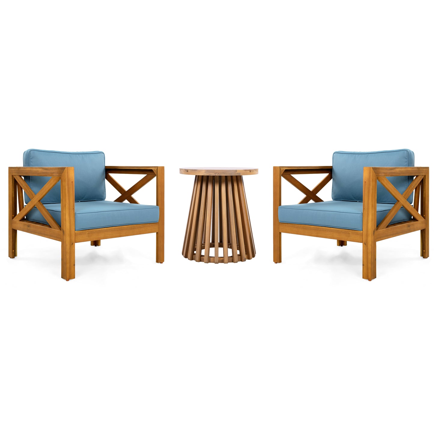 Patio Conversation Set, Outdoor Wood Leisure Seat(Set of 2),Armchair with Cushions,Acacia Wood Patio Side Table,for Backyard, Lawn, Balcony,Teak Finish,Blue cushion