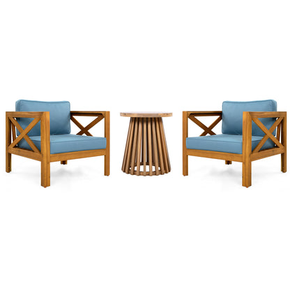 Patio Conversation Set, Outdoor Wood Leisure Seat(Set of 2),Armchair with Cushions,Acacia Wood Patio Side Table,for Backyard, Lawn, Balcony,Teak Finish,Blue cushion