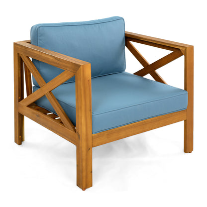 Patio Conversation Set, Outdoor Wood Leisure Seat(Set of 2),Armchair with Cushions,Acacia Wood Patio Side Table,for Backyard, Lawn, Balcony,Teak Finish,Blue cushion