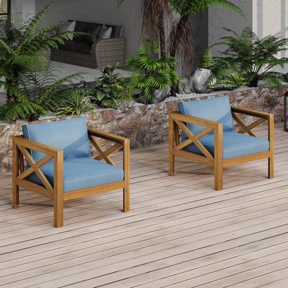 Patio Conversation Set, Outdoor Wood Leisure Seat(Set of 2),Armchair with Cushions,Acacia Wood Patio Side Table,for Backyard, Lawn, Balcony,Teak Finish,Blue cushion