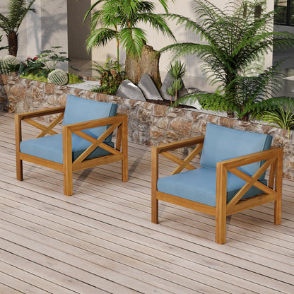 Patio Conversation Set, Outdoor Wood Leisure Seat(Set of 2),Armchair with Cushions,Acacia Wood Patio Side Table,for Backyard, Lawn, Balcony,Teak Finish,Blue cushion
