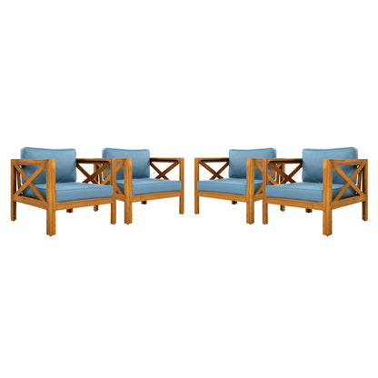 Outdoor Acacia Wood Club Wooden Armchair with Cushions (Set of 2), Conversation Set,Teak Finish,Blue cushion