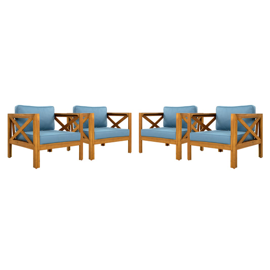 Outdoor Acacia Wood Club Wooden Armchair with Cushions (Set of 2), Conversation Set,Teak Finish,Blue cushion