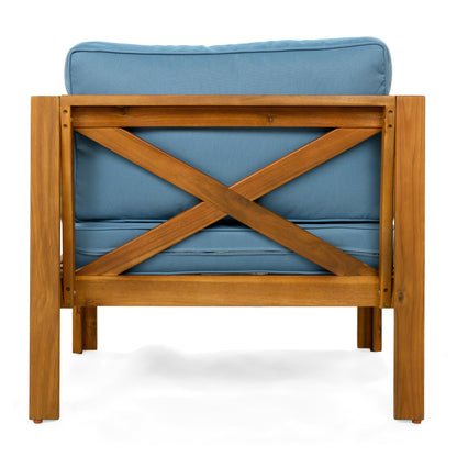 Outdoor Acacia Wood Club Wooden Armchair with Cushions (Set of 2), Conversation Set,Teak Finish,Blue cushion
