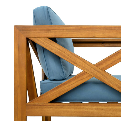 Outdoor Acacia Wood Club Wooden Armchair with Cushions (Set of 2), Conversation Set,Teak Finish,Blue cushion