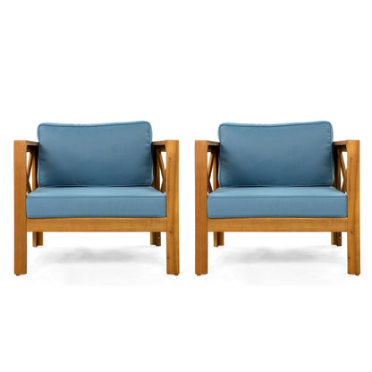 Outdoor Acacia Wood Club Wooden Armchair with Cushions (Set of 2), Conversation Set,Teak Finish,Blue cushion