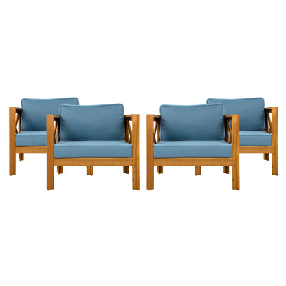 Outdoor Acacia Wood Club Wooden Armchair with Cushions (Set of 2), Conversation Set,Teak Finish,Blue cushion