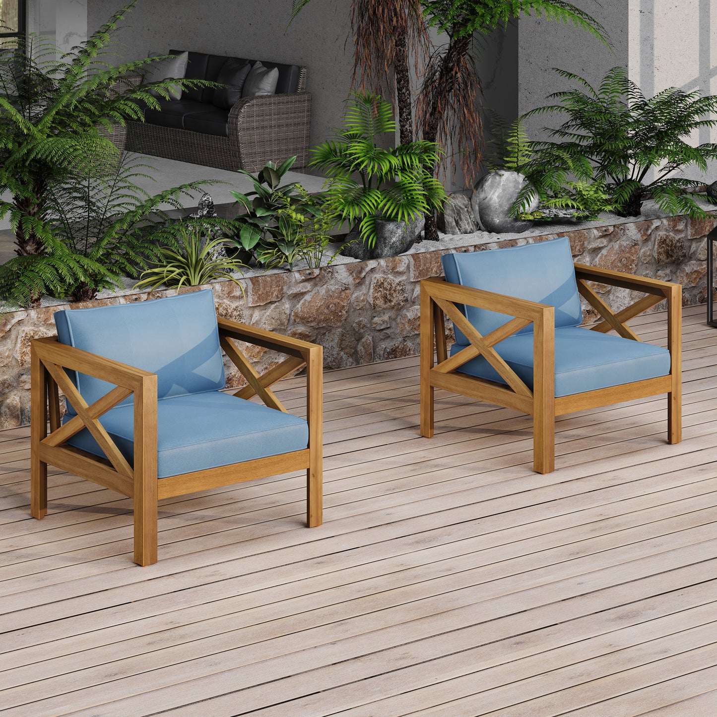Outdoor Acacia Wood Club Wooden Armchair with Cushions (Set of 2), Conversation Set,Teak Finish,Blue cushion