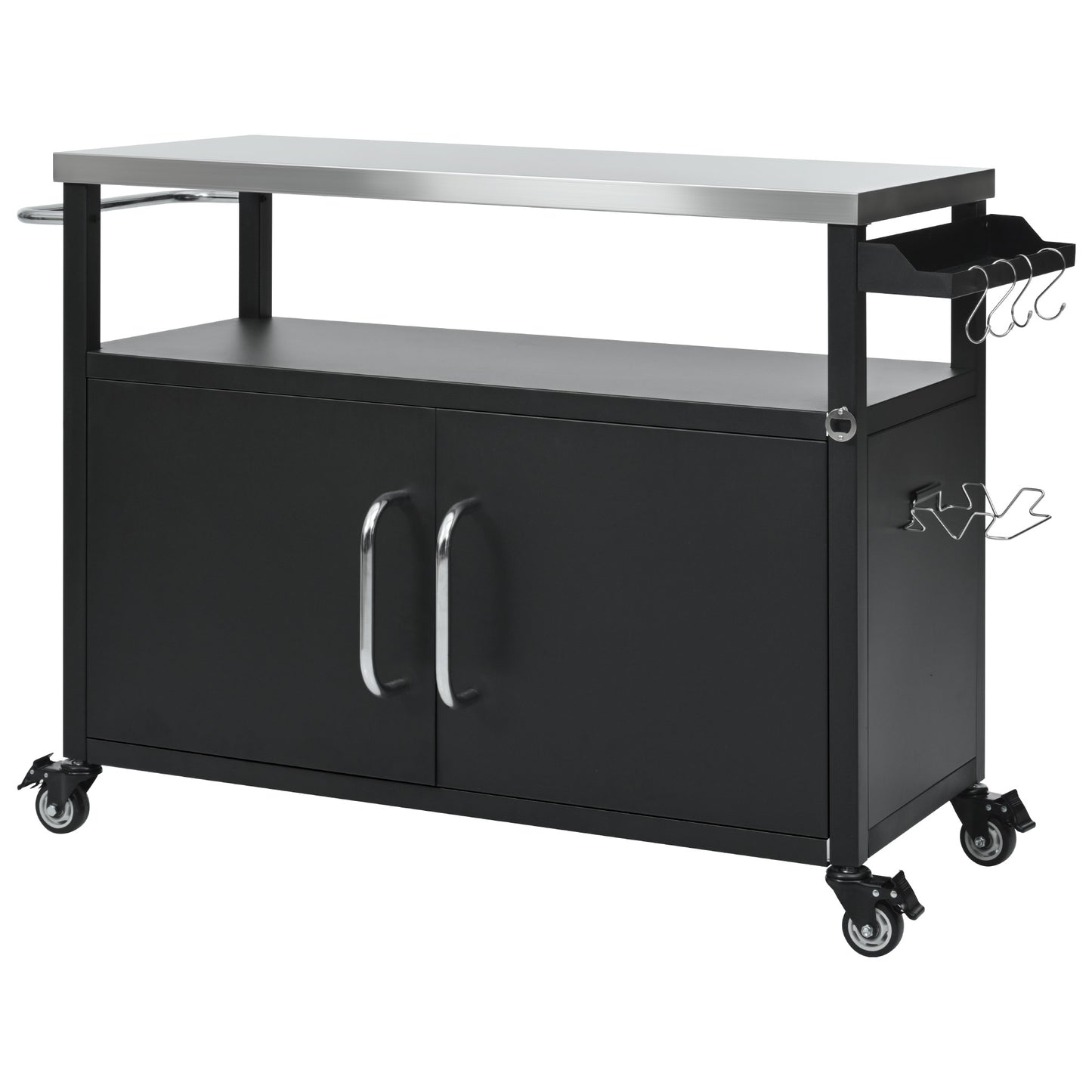 54.5" Outdoor Kitchen Island with Stainless Steel Tabletop, Metal Grill Cart Table with Storage Cabinet, Spice Rack and Towel Rack, Outdoor Bar Cart with 4 Lockable Wheels for Outside BBQ