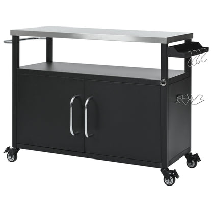 54.5" Outdoor Kitchen Island with Stainless Steel Tabletop, Metal Grill Cart Table with Storage Cabinet, Spice Rack and Towel Rack, Outdoor Bar Cart with 4 Lockable Wheels for Outside BBQ