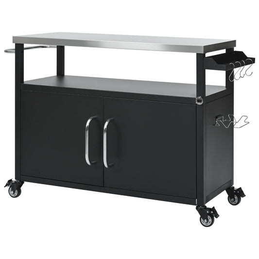 54.5" Outdoor Kitchen Island with Stainless Steel Tabletop, Metal Grill Cart Table with Storage Cabinet, Spice Rack and Towel Rack, Outdoor Bar Cart with 4 Lockable Wheels for Outside BBQ