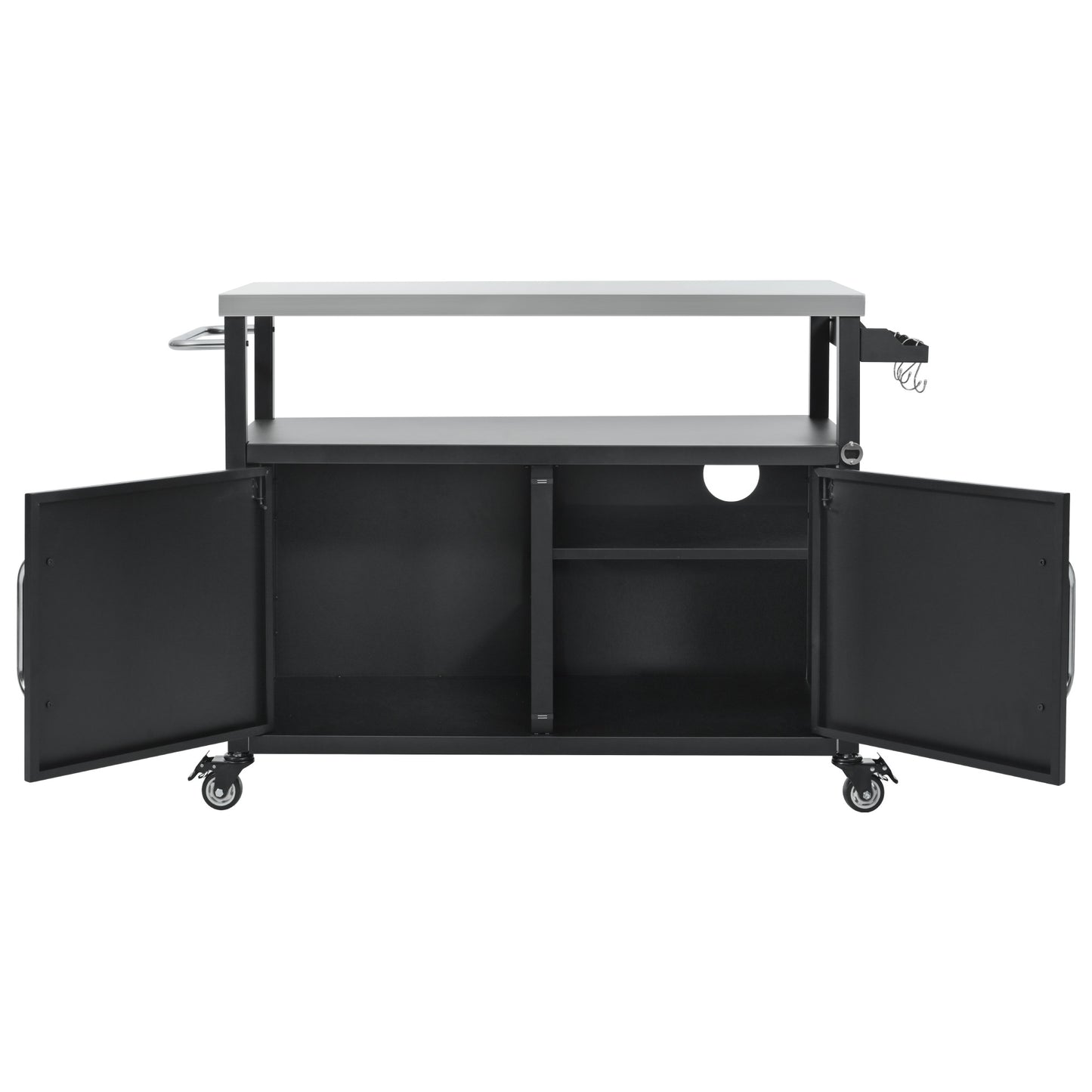 54.5" Outdoor Kitchen Island with Stainless Steel Tabletop, Metal Grill Cart Table with Storage Cabinet, Spice Rack and Towel Rack, Outdoor Bar Cart with 4 Lockable Wheels for Outside BBQ
