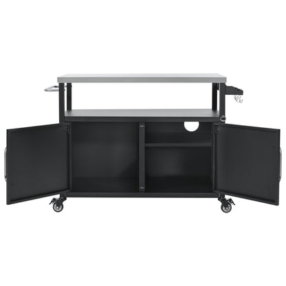 54.5" Outdoor Kitchen Island with Stainless Steel Tabletop, Metal Grill Cart Table with Storage Cabinet, Spice Rack and Towel Rack, Outdoor Bar Cart with 4 Lockable Wheels for Outside BBQ