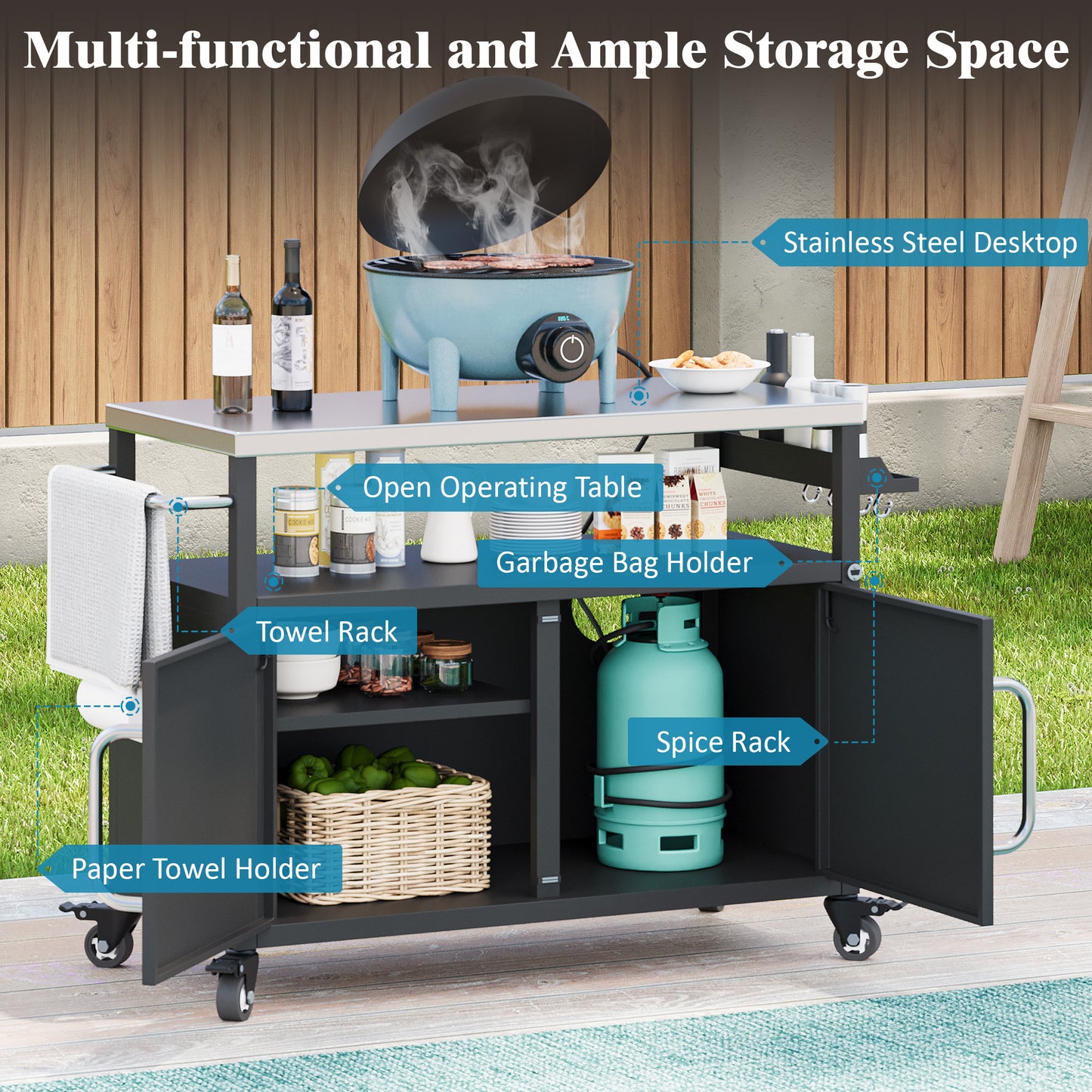 54.5" Outdoor Kitchen Island with Stainless Steel Tabletop, Metal Grill Cart Table with Storage Cabinet, Spice Rack and Towel Rack, Outdoor Bar Cart with 4 Lockable Wheels for Outside BBQ