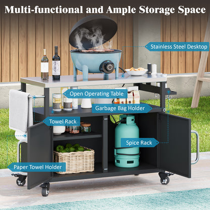 54.5" Outdoor Kitchen Island with Stainless Steel Tabletop, Metal Grill Cart Table with Storage Cabinet, Spice Rack and Towel Rack, Outdoor Bar Cart with 4 Lockable Wheels for Outside BBQ