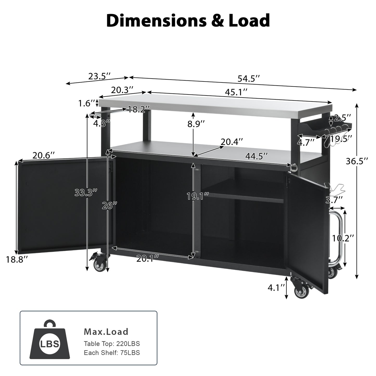 54.5" Outdoor Kitchen Island with Stainless Steel Tabletop, Metal Grill Cart Table with Storage Cabinet, Spice Rack and Towel Rack, Outdoor Bar Cart with 4 Lockable Wheels for Outside BBQ
