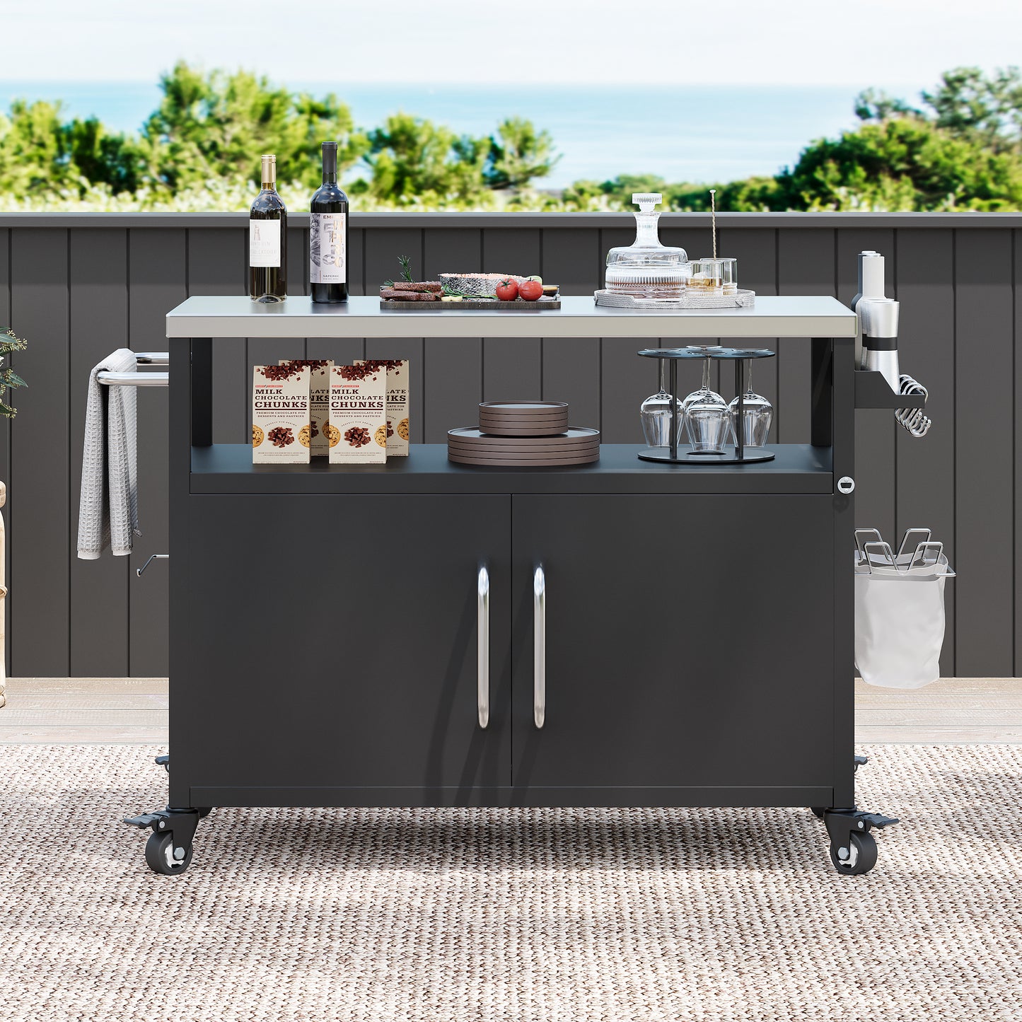 54.5" Outdoor Kitchen Island with Stainless Steel Tabletop, Metal Grill Cart Table with Storage Cabinet, Spice Rack and Towel Rack, Outdoor Bar Cart with 4 Lockable Wheels for Outside BBQ