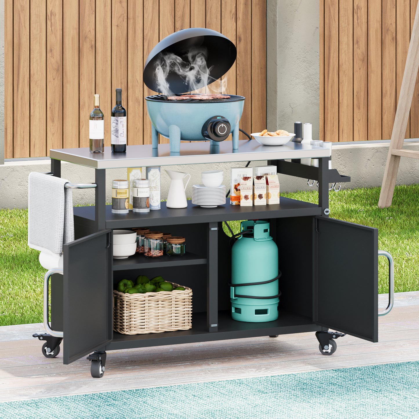 54.5" Outdoor Kitchen Island with Stainless Steel Tabletop, Metal Grill Cart Table with Storage Cabinet, Spice Rack and Towel Rack, Outdoor Bar Cart with 4 Lockable Wheels for Outside BBQ