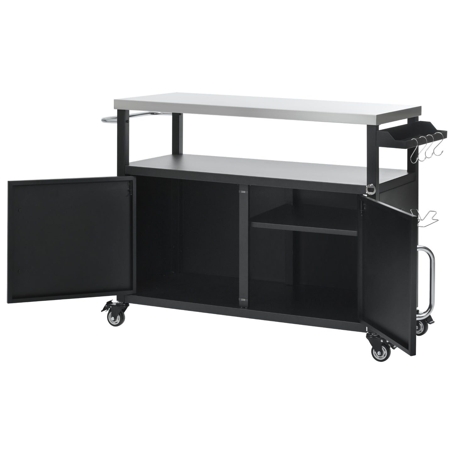 54.5" Outdoor Kitchen Island with Stainless Steel Tabletop, Metal Grill Cart Table with Storage Cabinet, Spice Rack and Towel Rack, Outdoor Bar Cart with 4 Lockable Wheels for Outside BBQ