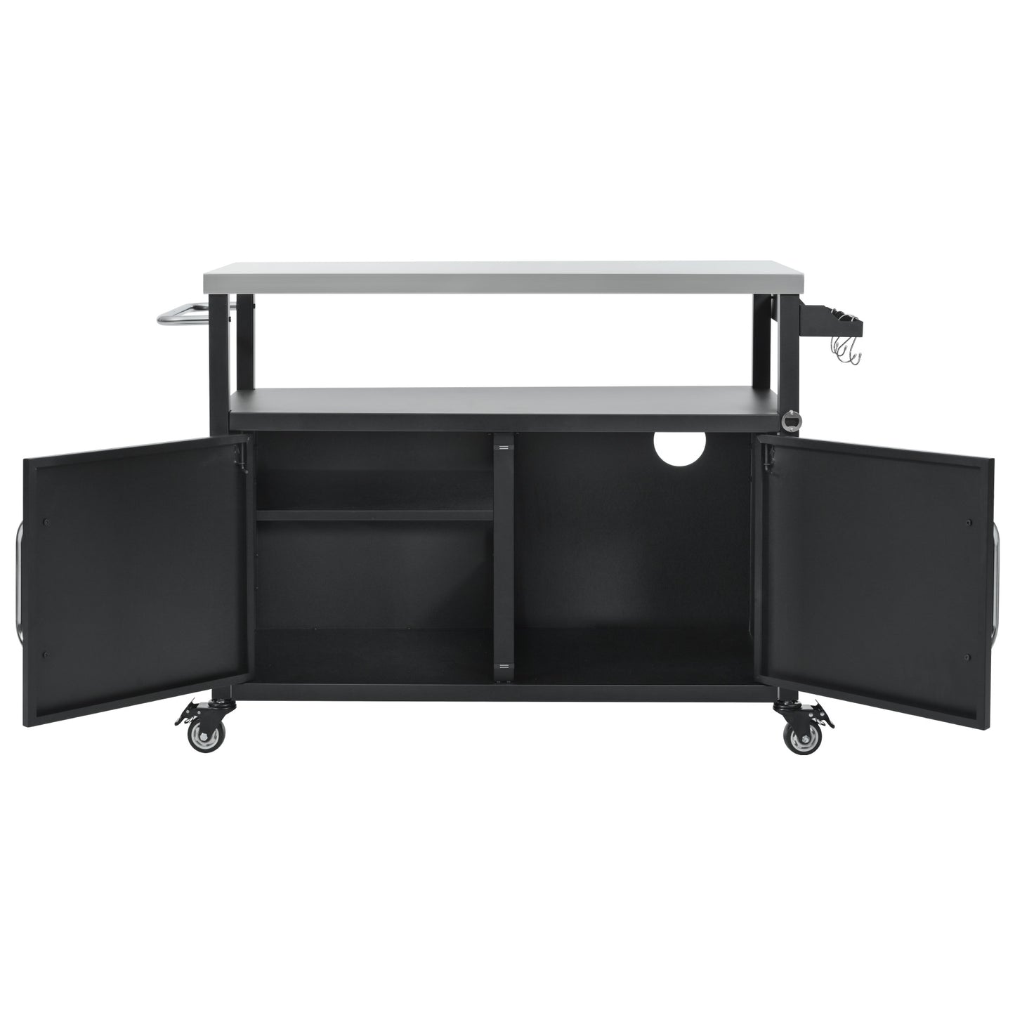 54.5" Outdoor Kitchen Island with Stainless Steel Tabletop, Metal Grill Cart Table with Storage Cabinet, Spice Rack and Towel Rack, Outdoor Bar Cart with 4 Lockable Wheels for Outside BBQ