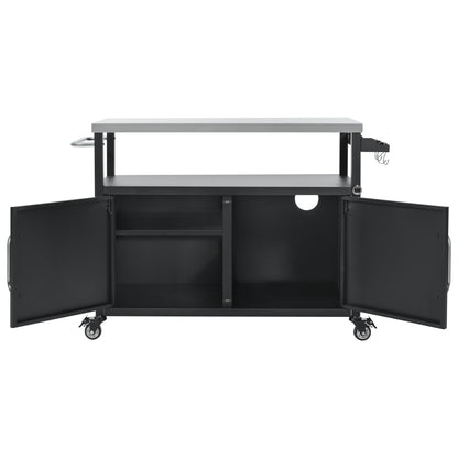 54.5" Outdoor Kitchen Island with Stainless Steel Tabletop, Metal Grill Cart Table with Storage Cabinet, Spice Rack and Towel Rack, Outdoor Bar Cart with 4 Lockable Wheels for Outside BBQ