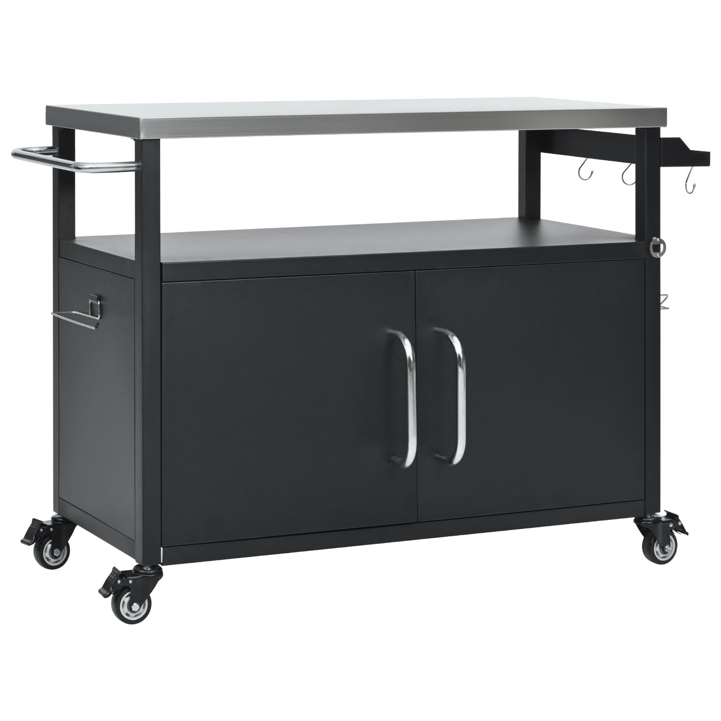 54.5" Outdoor Kitchen Island with Stainless Steel Tabletop, Metal Grill Cart Table with Storage Cabinet, Spice Rack and Towel Rack, Outdoor Bar Cart with 4 Lockable Wheels for Outside BBQ